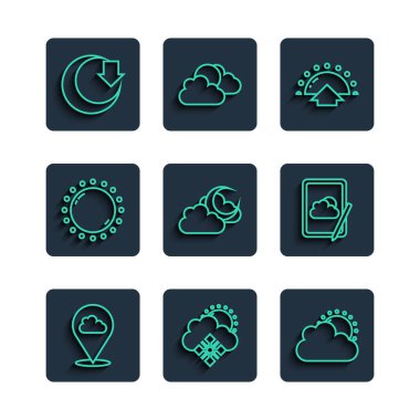 Çizgi konum bulutu, karlı ve güneşli bulut, güneş havası, gün doğumu, ay, ay ve hava durumu ikonu. Vektör