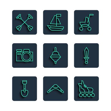 Set hattı küreği oyuncağı, bumerang, paten, bebek arabası, Whirligig, fotoğraf makinesi, emici uçlu ok ve kılıç ikonu. Vektör