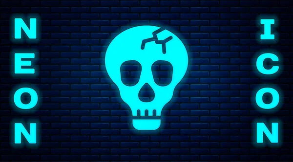Zářící Neon Lebka Ikona Izolované Cihlové Zdi Pozadí Šťastný Halloweenský — Stockový vektor