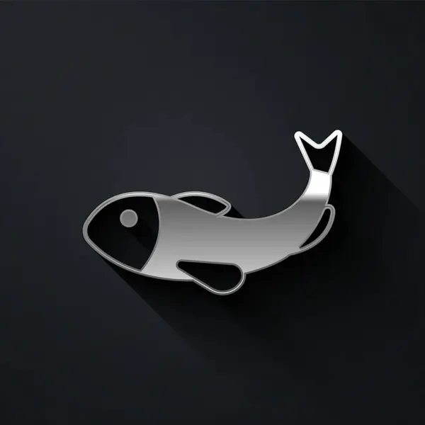 银色干鱼图标孤立在黑色背景 长影子风格 — 图库矢量图片
