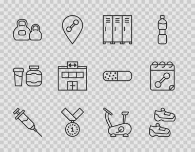 Doping şırıngası, spor ayakkabıları, soyunma odası, Madalya, Kettlebell, jimnastik salonu, sabit bisiklet ve takvim fitness ikonu. Vektör