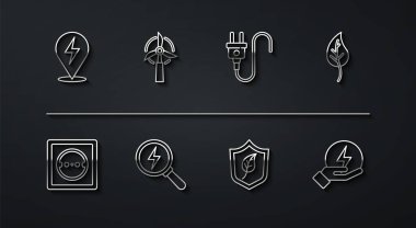 Hat yıldırımı, elektrik prizi, yaprak ya da yapraklar, yapraklı kalkan, rüzgar türbini ve fiş simgesini ayarlayın. Vektör