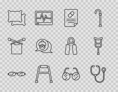 Gözlük, stetoskop, tıbbi reçete Walker, Yastık, Büyükanne ve Koltuk değnekleri ikonu. Vektör