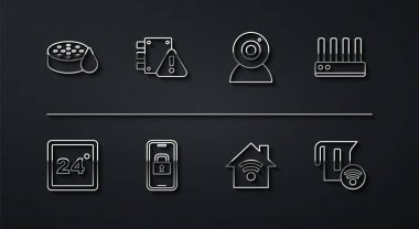 Hat su sensörü, termostat, router ve wi-fi sinyali, akıllı ev, dijital kapı kilidi, korunan ev, elektrikli su ısıtıcısı ve web kamera ikonu. Vektör