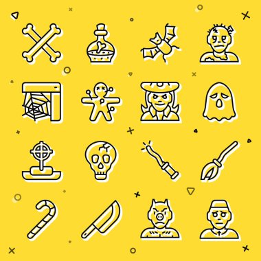 Set hattı rahip, cadı süpürgesi, hayalet, uçan yarasa, voodoo bebeği, örümcek ağı, çapraz kemikler ve ikon. Vektör