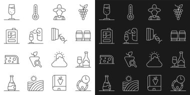 Şarap için ahşap fıçı, camlı şarap şişesi, şapkalı çiftçi, şarap garsonu, karton kutu, degustation ikonu. Vektör