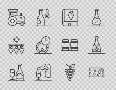 Bardaklı şarap şişesi, peynir, üzümler hakkında kitap, şarap garsonu, traktör, şarap için ahşap fıçı, şampanya ikonu. Vektör