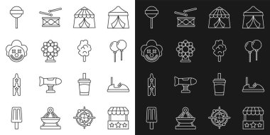 Bilet gişesi, tampon araba, kurdeleli balonlar, sirk çadırı, dönme dolap, palyaço kafası, lolipop ve pamuk şeker ikonu. Vektör