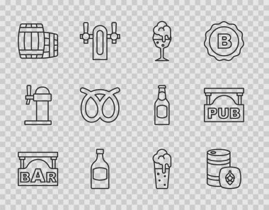 Bar, Metal Bira Fıçısı, Bira Şişesi, Tahta Fıçı, Pretzel ve Pub ikonu ile aynı hizaya getir. Vektör