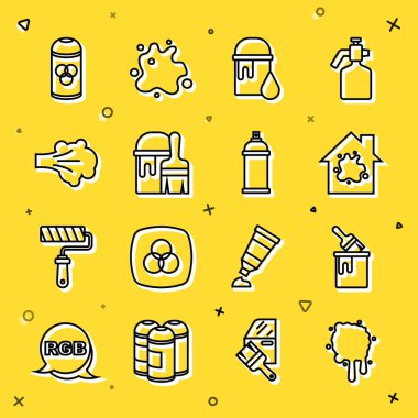 Çizgi boya spreyi, fırçayla kova, evi boyama, kutu ve ikon. Vektör