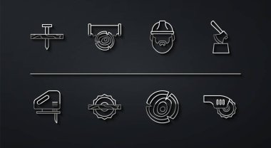 Metalik çivi, elektrikli yapboz, kütükte tahta balta, kütükler, dairesel, iki elli ve kereste ikonu. Vektör