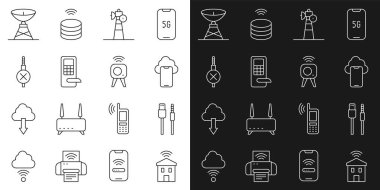 Akıllı Hattı Wi-Fi, USB kablo kablosu, Bulut teknolojisi verisi, uydu anteni, dijital kapı kilidi, ses bağlantısı yok ve web kamera simgesi. Vektör