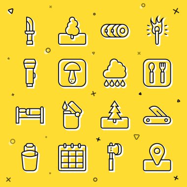 Kamp yeri, İsviçre çakısı, çatal ve kaşık, battaniye rulosu, mantar, el feneri, bıçak ve yağmur ikonlu bulut. Vektör