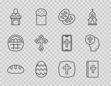 Hristiyan ekmeği, kutsal İncil, Paskalya yumurtası vaaz veren kilise papazı, haç ve rahip ikonu. Vektör