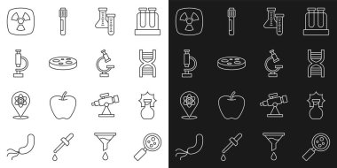 Çizgili mikroorganizmaları büyüteç altına yerleştirin, şişede patlama, DNA sembolü, deney tüpü, bakteri, mikroskop, radyoaktif ve ikon içeren Petri kabı. Vektör