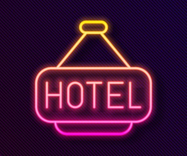 Siyah arkaplanda izole edilmiş metin otel simgesi olan parlayan neon hattı açık hava reklamı. Vektör.