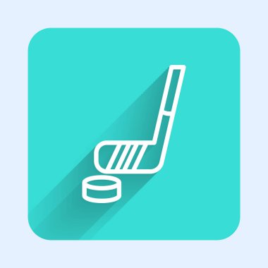 Beyaz çizgi buz hokeyi sopası ve uzun gölge arkaplan izole disk ikonu. Yeşil kare düğmesi. Vektör