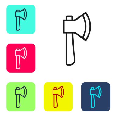 Siyah çizgi tahta balta simgesi beyaz arkaplanda izole edildi. Oduncu baltası. Renkli kare düğmelerle simgeleri ayarla. Vektör