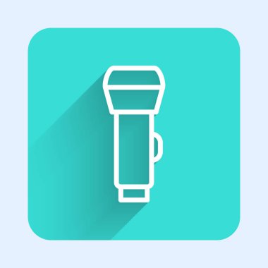 Beyaz çizgi el feneri simgesi uzun gölge arkaplanı ile izole edildi. Yeşil kare düğmesi. Vektör