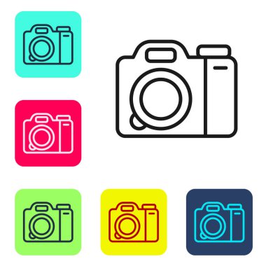 Siyah çizgi fotoğraf makinesi simgesi beyaz arkaplanda izole edildi. Foto kamera. Dijital fotoğrafçılık. Renkli kare düğmelerle simgeleri ayarla. Vektör
