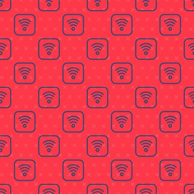 Mavi çizgi Wi-Fi kablosuz internet ağ sembolü simgesi kırmızı arkaplanda izole edilmiş. Vektör