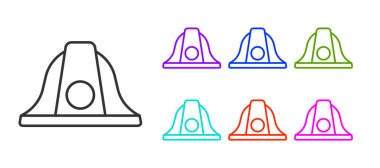 Siyah çizgi itfaiyeci miğferi ya da beyaz arka planda izole edilmiş itfaiyeci şapkası ikonu. Simgeleri renklendirin. Vektör