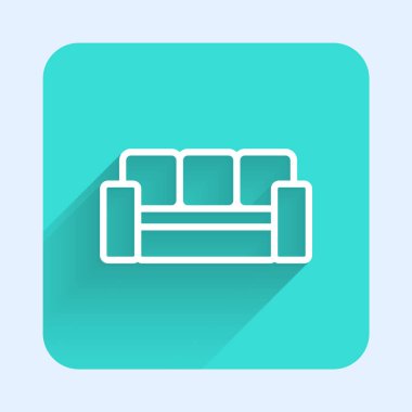 Beyaz çizgi kanepe simgesi uzun gölge arkaplanı ile izole edildi. Yeşil kare düğmesi. Vektör