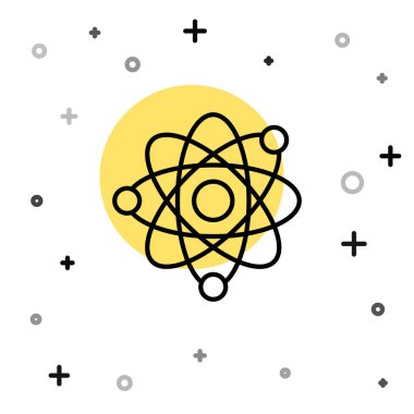 Siyah çizgi Atom simgesi beyaz arkaplanda izole edildi. Bilimin, eğitimin, nükleer fiziğin, bilimsel araştırmaların sembolü. Rastgele dinamik şekiller. Vektör