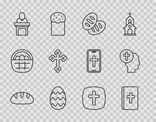 Hristiyan ekmeği, kutsal İncil, Paskalya yumurtası vaaz veren kilise papazı, haç ve rahip ikonu. Vektör