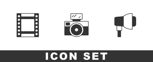 Set Kamera Rollpatrone Fotokamera Mit Blitz Und Softbox Licht Symbol — Stockvektor