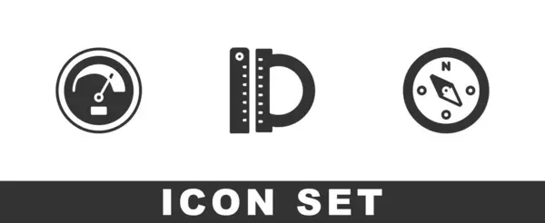Set Speedometer Protractor Ruler Compass Icon Vector — Stock Vector