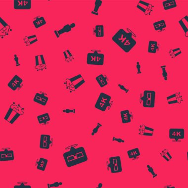 3D sinema gözlükleri, sinema kupası, patlamış mısır karton kutusu ve 4k Ultra HD 'yi kusursuz desenlere ayarlayın. Vektör