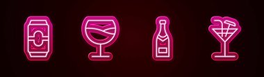 Bira kutusu, şarap bardağı, şampanya şişesi ve kokteyl. Parlayan neon ikonu. Vektör