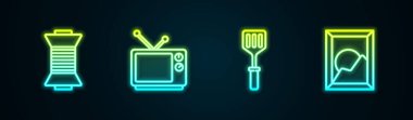 Spool, Retro TV, Spatula ve Picture manzarasında çizgi dikiş ipliği. Parlayan neon ikonu. Vektör