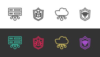 Hat Sunucusu, Data, Web Sunucusu, Sistem Hatası, Nesnelerin İnterneti ve Kablosuz Kablosuz Kablosuz Kablosuz Kalkan 'ı siyah beyaz olarak ayarla. Vektör