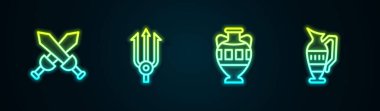 Ortaçağ kılıcını, Neptün mızrağını, Antik amforaları ve... Parlayan neon ikonu. Vektör