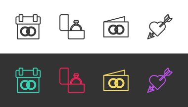 Çizgi çizgisi, elmas nişan yüzüğü, tebrik kartı ve siyah beyaz üzerine kalbi ve oku olan Amour. Vektör