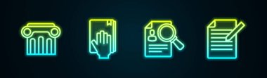Kanun sütunları, İncil üzerine yemin, kağıt analizi, belge ve kalem. Parlayan neon ikonu. Vektör
