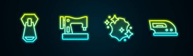 Fermuar, dikiş makinesi, deri ve elektrikli ütü ayarlayın. Parlayan neon ikonu. Vektör