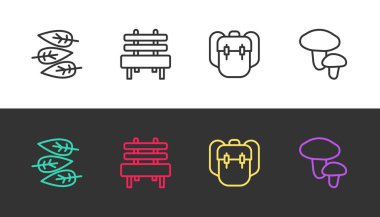 Yaprak ya da yapraklar, Bench, okul çantası ve siyah beyaz mantarlar. Vektör