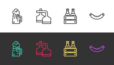 Ahşap bira kupası, bira demleme süreci, siyah beyaz sosis paketleri. Vektör