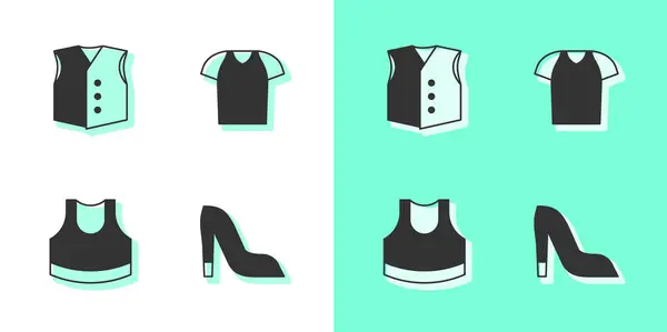 Set Woman Shoe Waistcoat Female Crop Top Shirt Icon Vector — Stock Vector