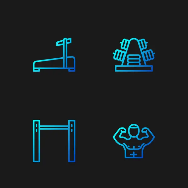 Set Line Bodybuilder Muscle Horizontal Bar Treadmill Machine Metal Rack — Stock Vector