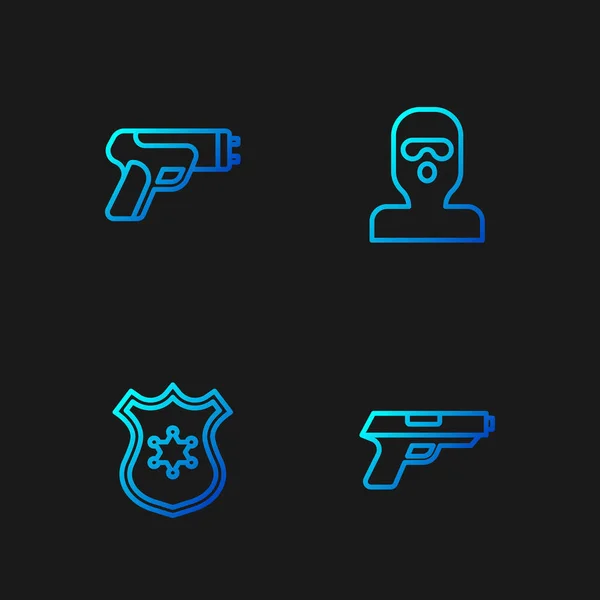 Set Line Pistole Oder Waffe Polizeiabzeichen Elektroschocker Und Diebesmaske Farbverlauf — Stockvektor