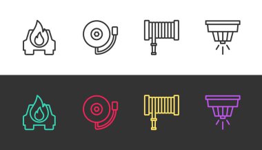 Hattı kurun, yanan araba, alarm zili, yangın hortumu makarası ve duman sistemi siyah beyaz. Vektör