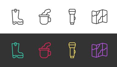 Çizme, su geçirmez lastik bot, fincan çayı, el feneri ve kamp kurma ve haritada siyah-beyaz yürüyüş. Vektör