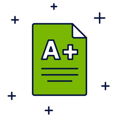 Sınav kağıdında beyaz arkaplanda A + dereceli simge izole edildi. Sınav kağıdı, sınav ya da araştırma konsepti. Sınav ya da sınav. Vektör