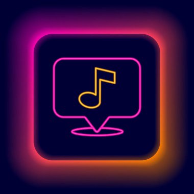 Parlayan neon çizgisi, siyah arkaplanda izole edilmiş konuşma baloncuğu simgesindeki müzikal nota. Müzik ve ses konsepti. Renkli taslak konsepti. Vektör