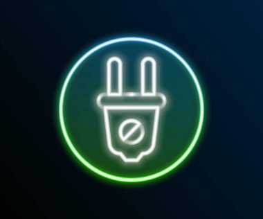 Parlayan neon hattı elektrik prizi simgesi siyah arkaplanda izole edildi. Bağlantı kavramı ve elektriğin kesilmesi. Renkli taslak konsepti. Vektör