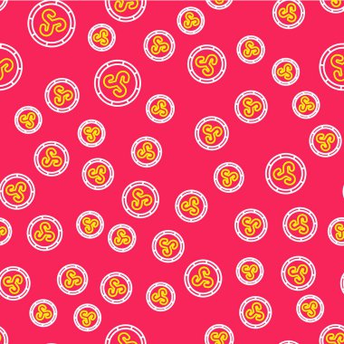 Çizgi Kalkanı Viking simgesi kırmızı arkaplanda izole edilmiş. Yuvarlak ahşap kalkan. Güvenlik, güvenlik, koruma, mahremiyet, koruma kavramı. Vektör